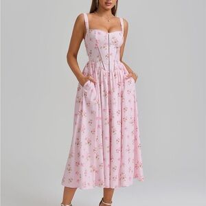 Floral Bustier Midi Dress in Light Pink